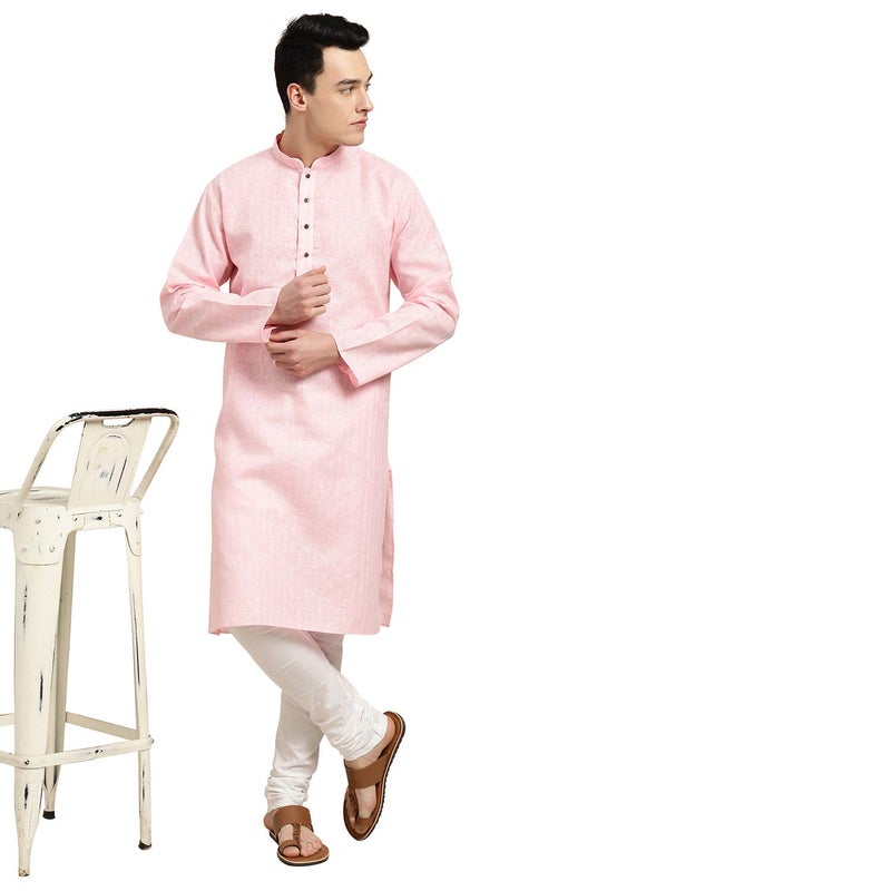 Sojanya (Since 1958 Men'S Cotton Linen Pink Checked Only Long Kurta, Size 36 - Image 5